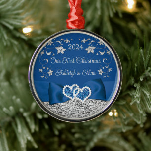 Blue, Grey Love Hearts Wedding 1st Christmas Metal Tree Decoration