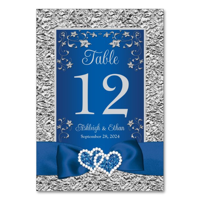 Blue, Grey Love Hearts Wedding Table Number Card (Front)
