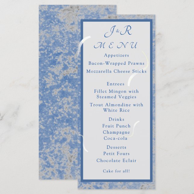 Blue & Grey Marble Monogram Wedding Menu Card (Front/Back)