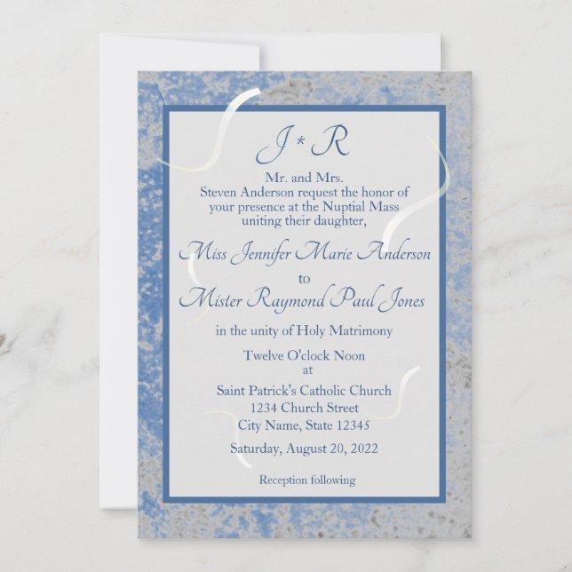 Blue & Grey Marble Monogramed Wedding Invitation (Front)