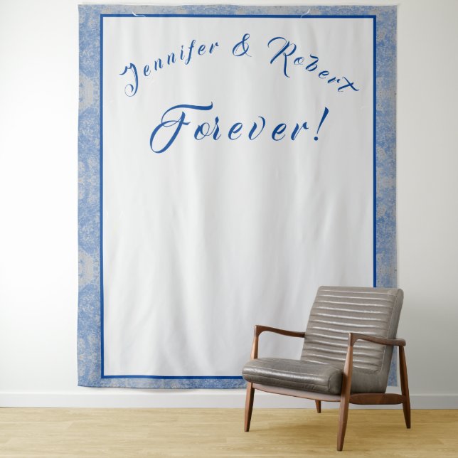 Blue & Grey Marble Wedding Tapestry (In Situ)