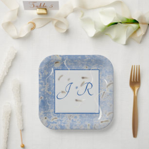Blue & Grey Marbled Wedding Reception Paper Plate