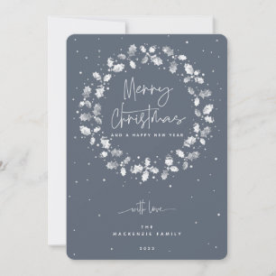 Blue-Grey Merry Christmas Holly Wreath Holiday Card