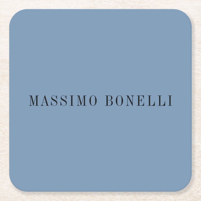 Blue Grey Minimalist Plain Legible Modern Square Paper Coaster (Front)