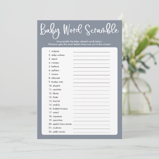 Blue grey modern baby shower word scramble game invitation (Standing Front)