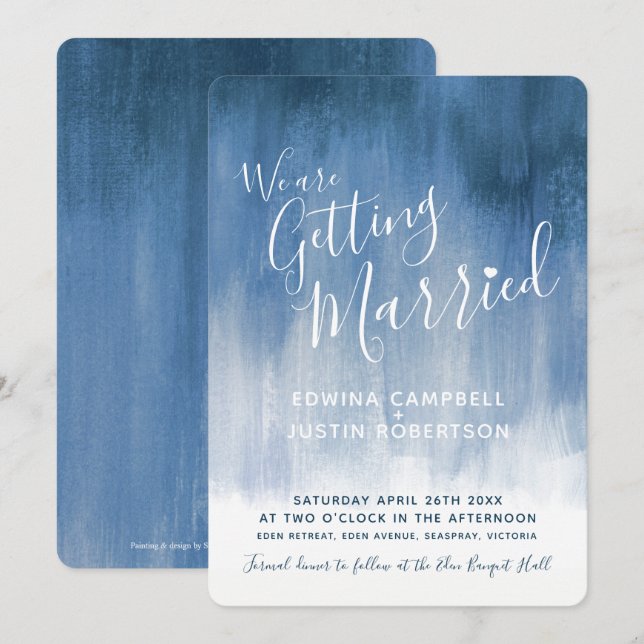 Blue grey modern graded art wedding invites (Front/Back)