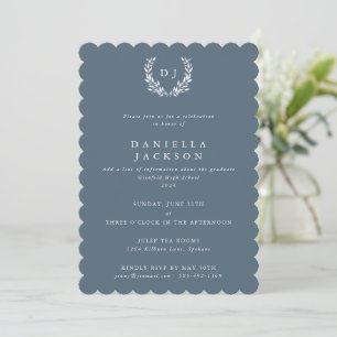 Blue-Grey Monogram Laurel Wreath Graduation Invitation