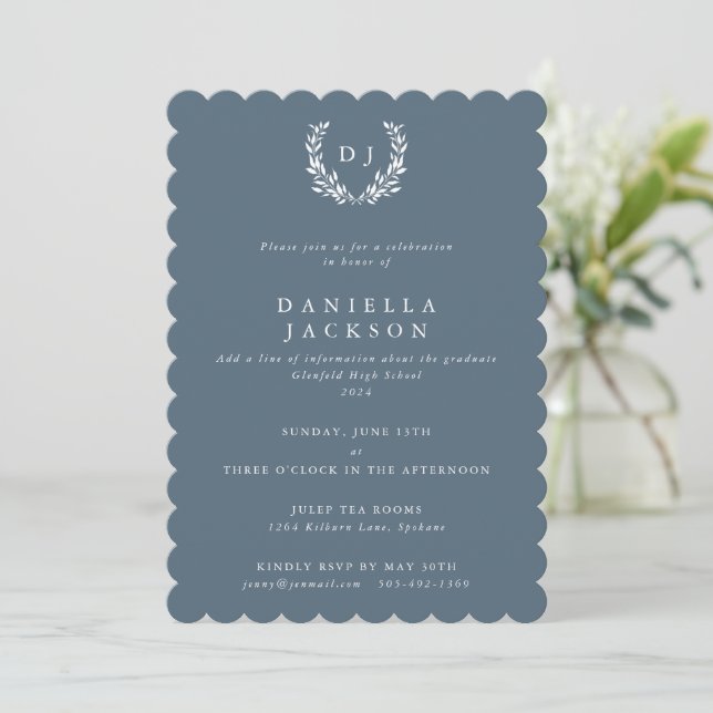 Blue-Grey Monogram Laurel Wreath Graduation Invitation (Standing Front)
