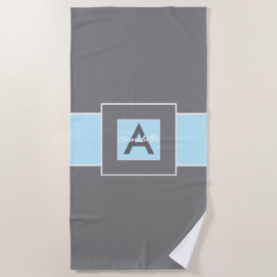 Blue Grey Monogram Personalised Beach Towel