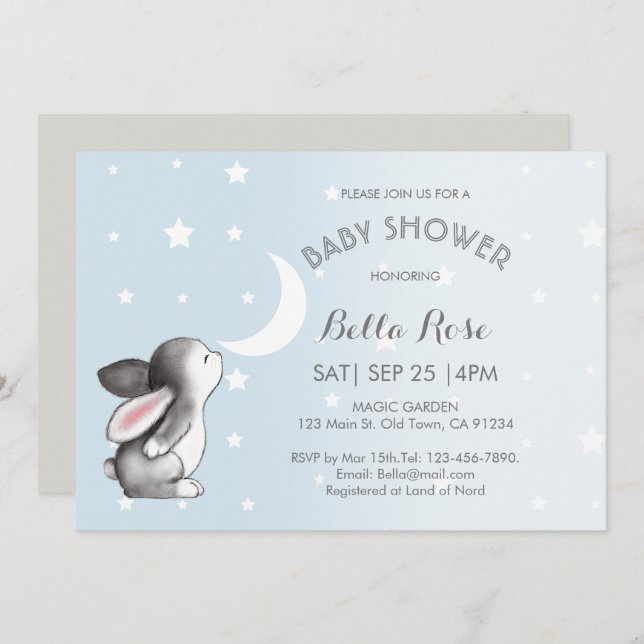 Blue Grey Moon Stars Bunny Baby Shower Invitations (Front/Back)