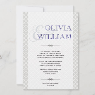 Blue grey Moroccan tile ampersand modern wedding Invitation