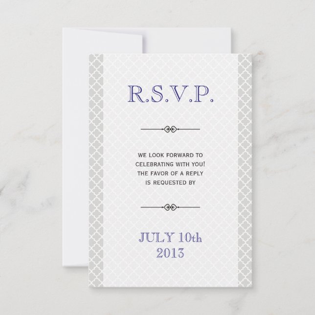 Blue grey Moroccan tile ampersand wedding response Invitation (Front)