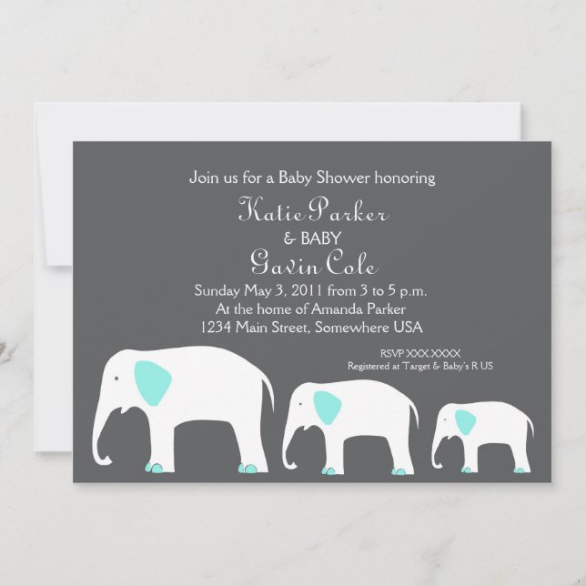 Blue & Grey Mother and Baby Elephant Invitation (Front)