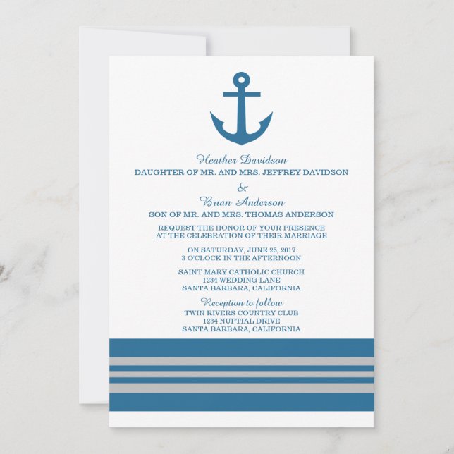 Blue Grey Nautical Anchor Wedding Invite (Front)