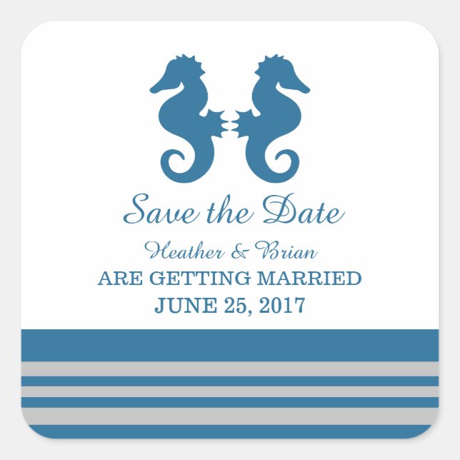 Blue Grey Nautical Seahorse Save the Date Square Sticker (Front)