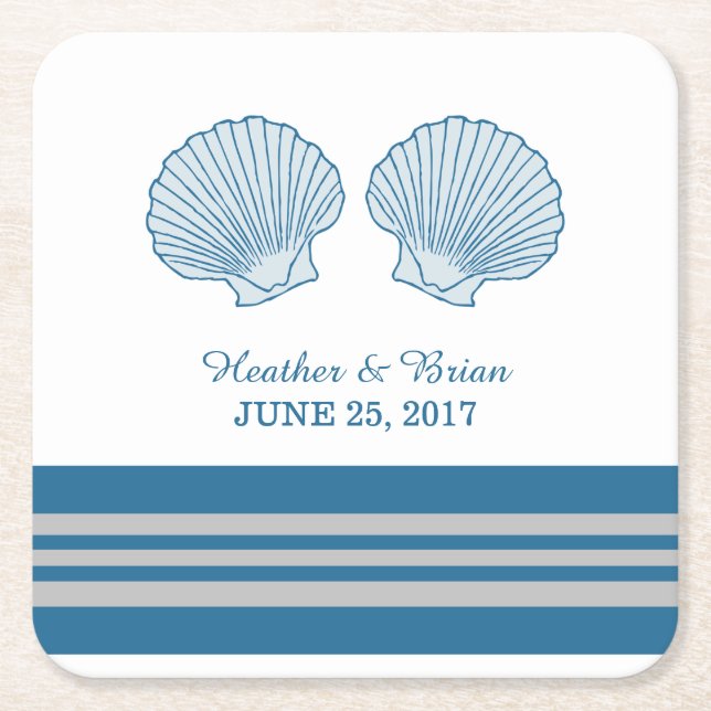 Blue Grey Nautical Seashells Paper Coasters (Front)