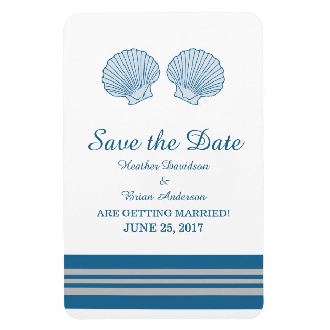 Blue Grey Nautical Seashells Save the Date Magnet (Vertical)