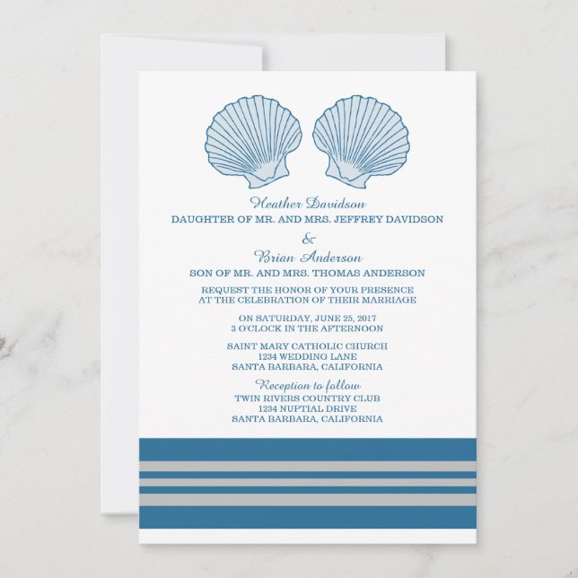 Blue Grey Nautical Seashells Wedding Invite (Front)