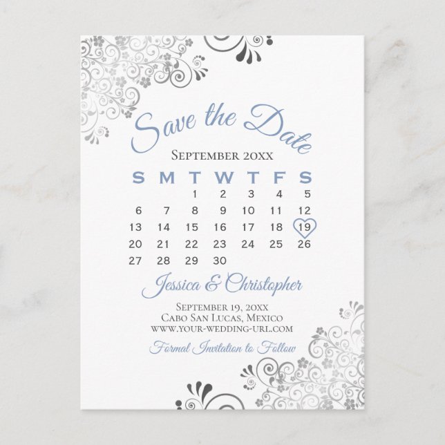 Blue Grey on White Wedding Save the Date Calendar Announcement Postcard (Front)