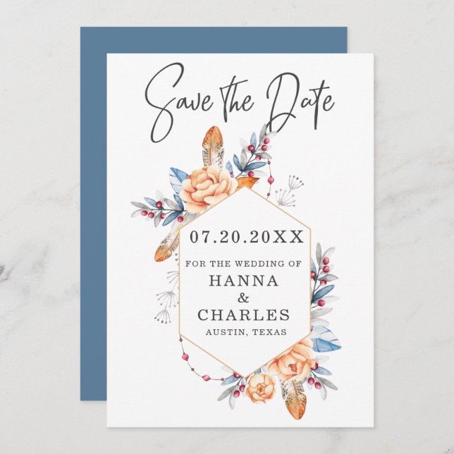 Blue Grey Orange Floral Geometric Frame Wedding  Save The Date (Front/Back)