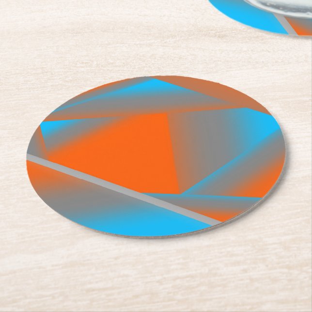 Blue Grey Orange Ombre Geometric Abstract Art Round Paper Coaster (Angled)