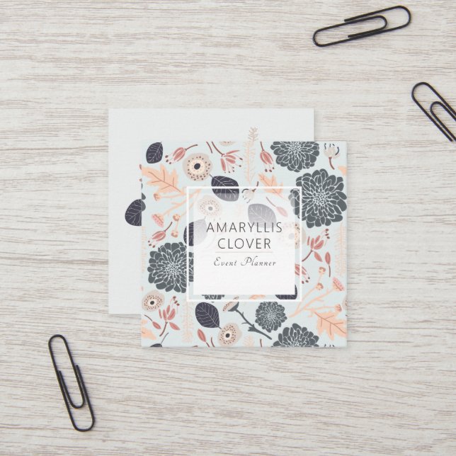 Blue Grey Peach Playful Mix Tossed Flowers Square Business Card (Front/Back In Situ)