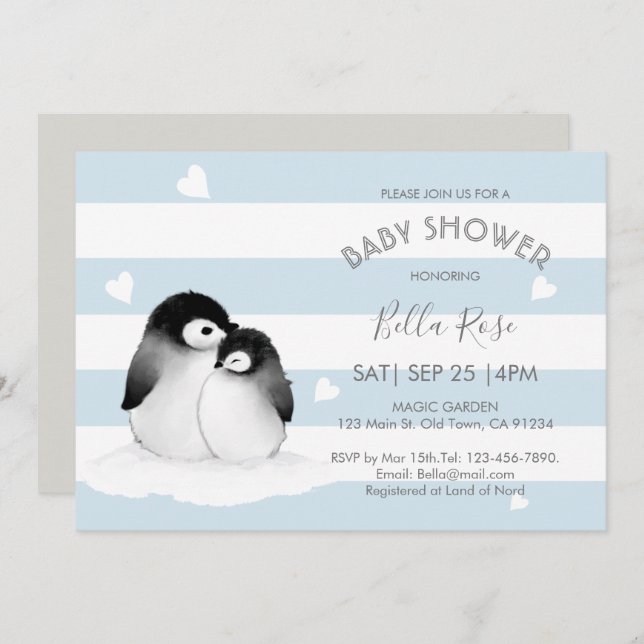 Blue Grey Penguin Baby Shower Invitations (Front/Back)