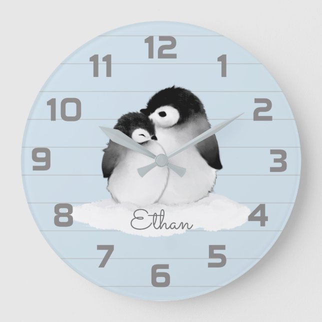 Blue Grey Penguin Nursery Decor Wall Clock (Front)