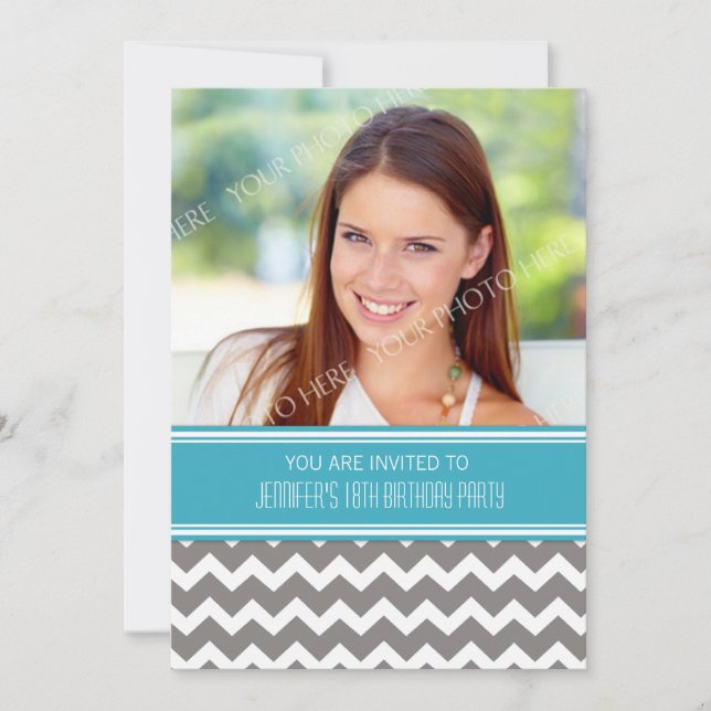 Blue Grey Photo 18th Birthday Party Invitations (Front)