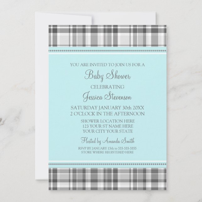 Blue Grey Plaid Custom Baby Shower Invitations (Back)
