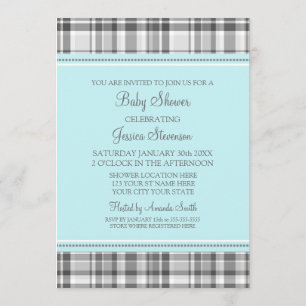 Blue Grey Plaid Custom Baby Shower Invitations