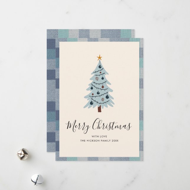 Blue Grey Plaid Minimal Christmas Tree Holiday Card (Front/Back In Situ)