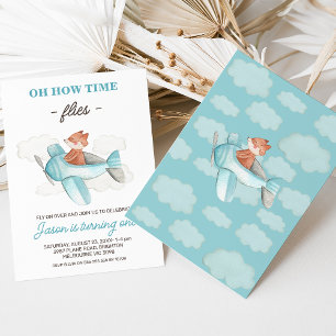 Blue Grey Plane How Time Flies 1st Birthday  Invitation