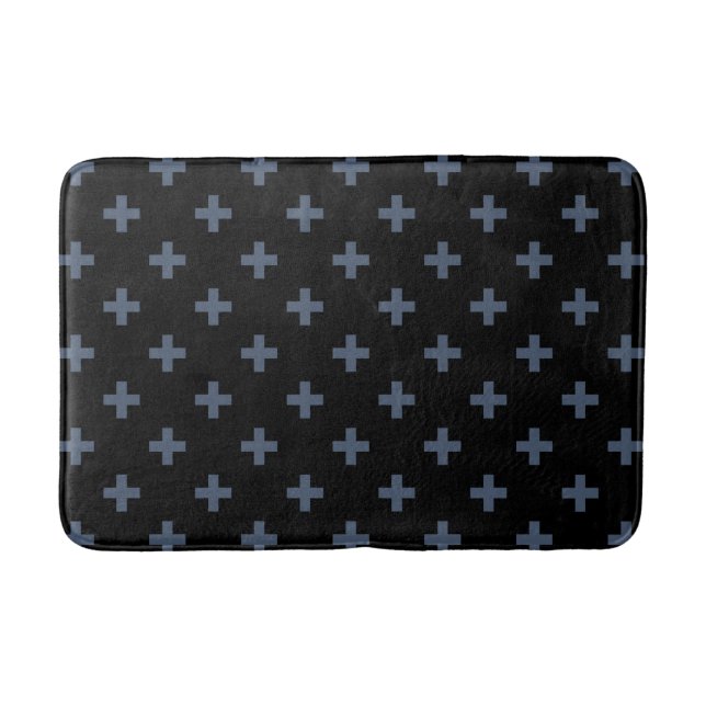 Blue-grey polka crosses on black bath mat (Front)