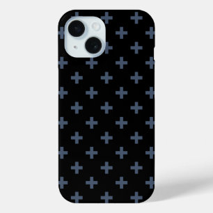 Blue-grey polka crosses on black iPhone 15 case