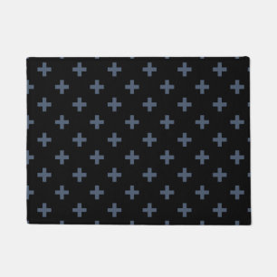 Blue-grey polka crosses on black doormat