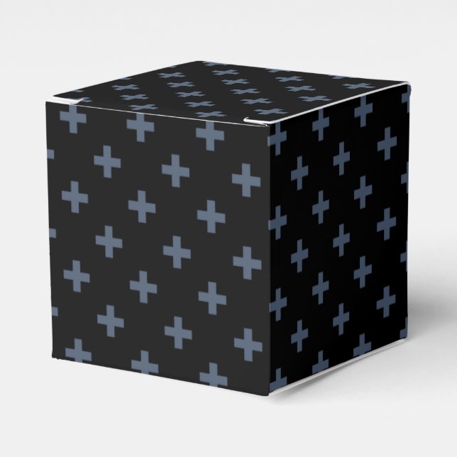 Blue-grey polka crosses on black favour box (Front Side)