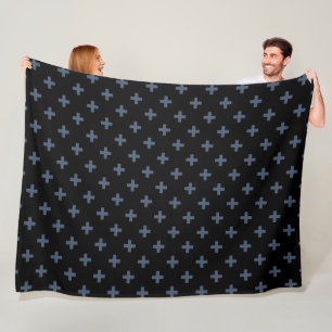 Blue-grey polka crosses on black fleece blanket