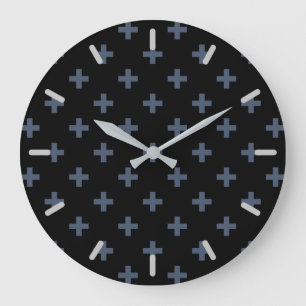 Blue-grey polka crosses on black large clock