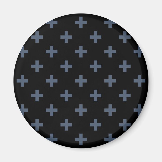 Blue-grey polka crosses on black magnet (Front)