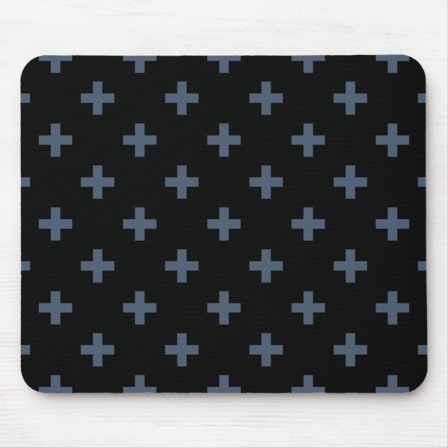 Blue-grey polka crosses on black mouse pad (Front)