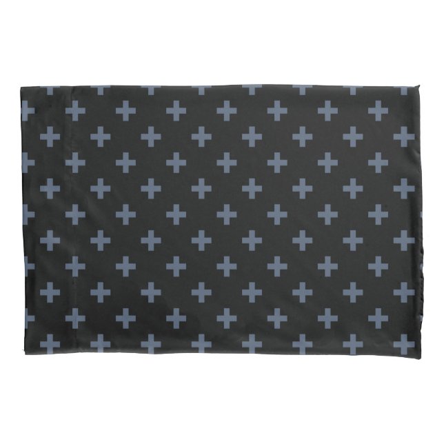 Blue-grey polka crosses on black pillowcase (Front)