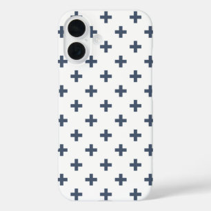 Blue-grey polka crosses on white iPhone 16 case