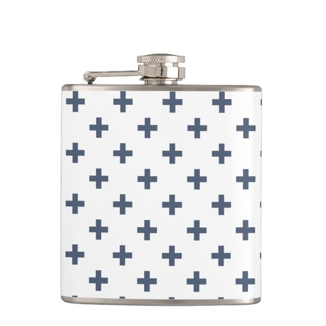 Blue-grey polka crosses on white hip flask (Front)
