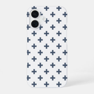 Blue-grey polka crosses on white iPhone 16 case