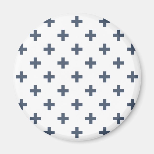 Blue-grey polka crosses on white magnet (Front)