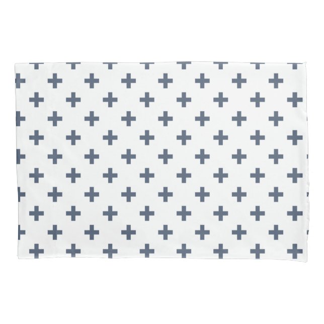 Blue-grey polka crosses on white pillowcase (Front)