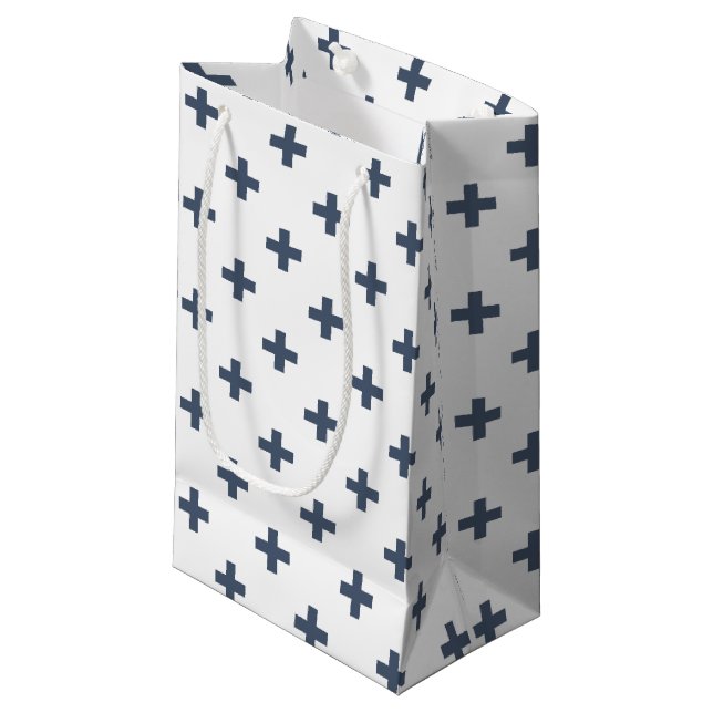 Blue-grey polka crosses on white small gift bag (Front Angled)