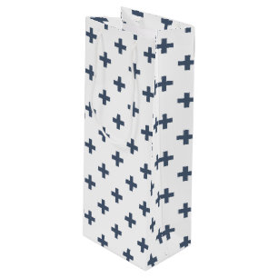 Blue-grey polka crosses on white wine gift bag