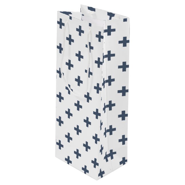 Blue-grey polka crosses on white wine gift bag (Front Angled)